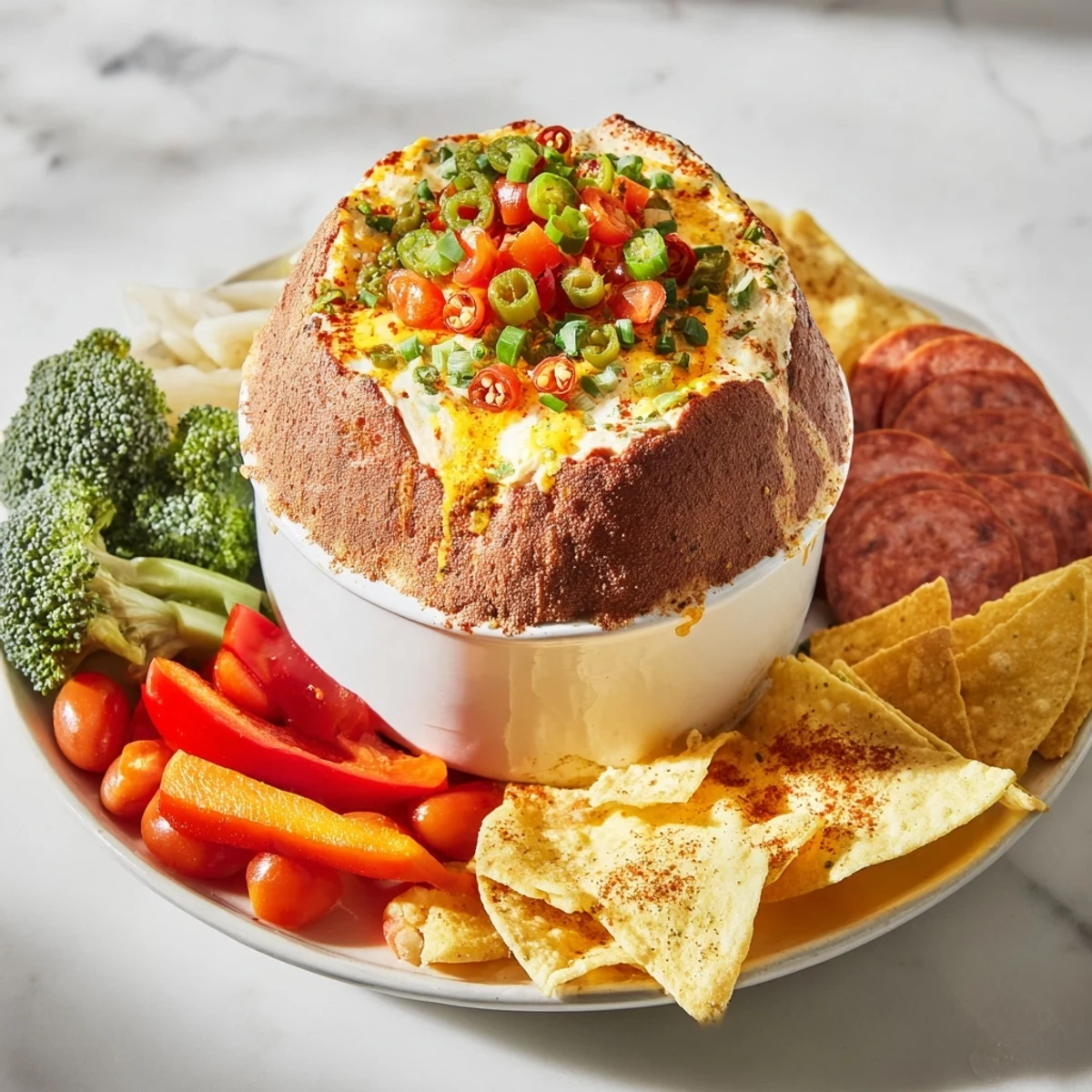 Molten Lava Flow Volcano Dip Platter, cheese erupting out with colorful veggies and chips for dipping.