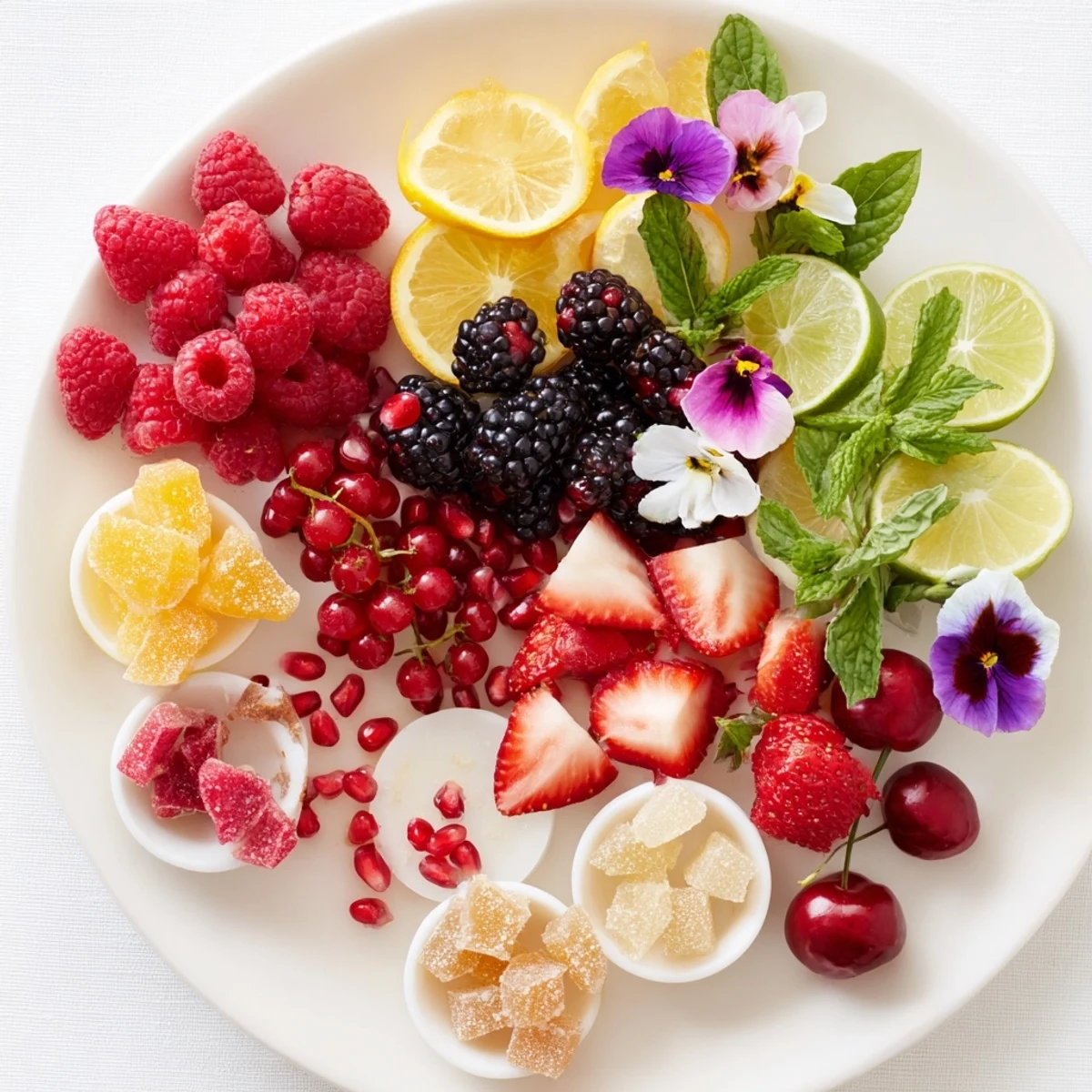 Vibrant Champagne Bar garnishes in bowls: red berries, citrus slices, and fresh herbs awaiting selection.