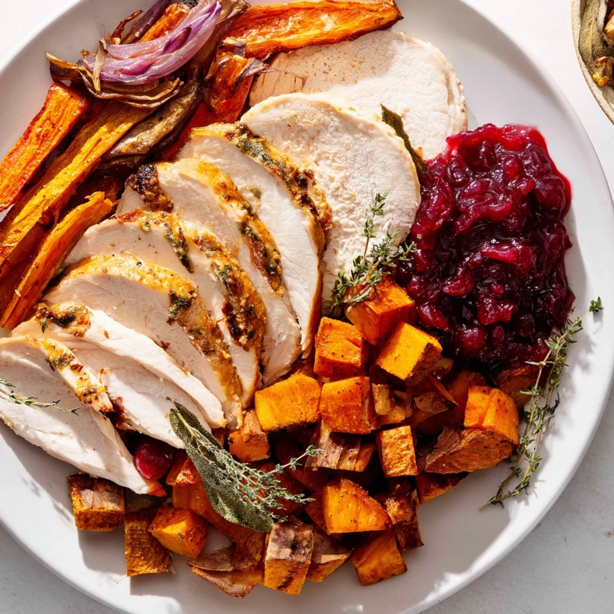 Golden-brown Harvest Turkey Platter featuring juicy turkey, vibrant roasted vegetables, and tangy cranberry sauce.