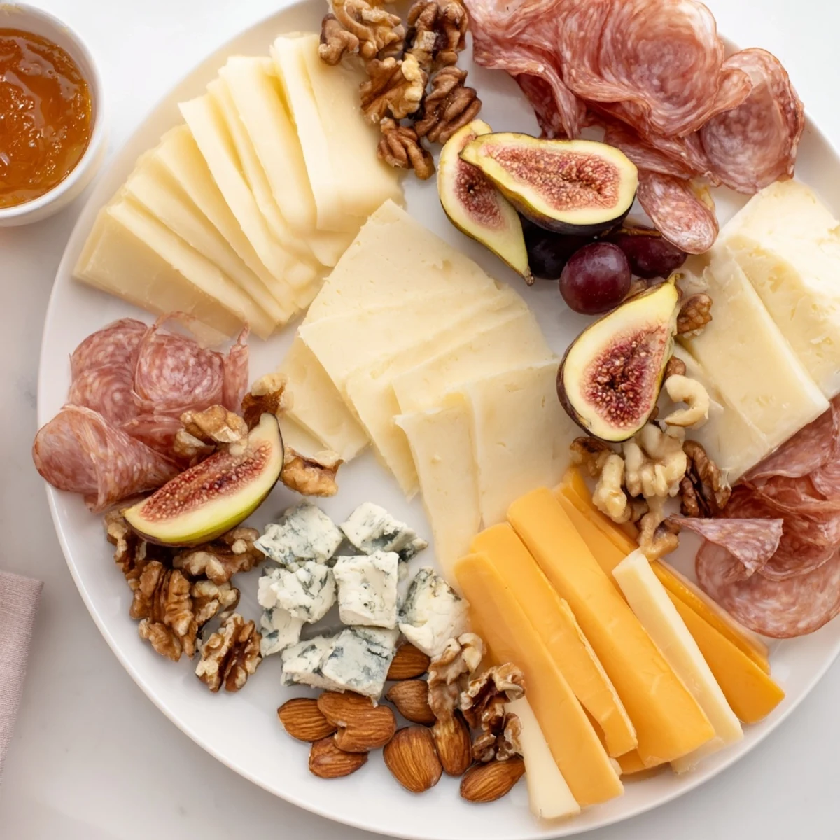 This Wine & Food Pairing Platter showcases a gourmet collection, arranged with artisan cheeses and accompanying crackers.