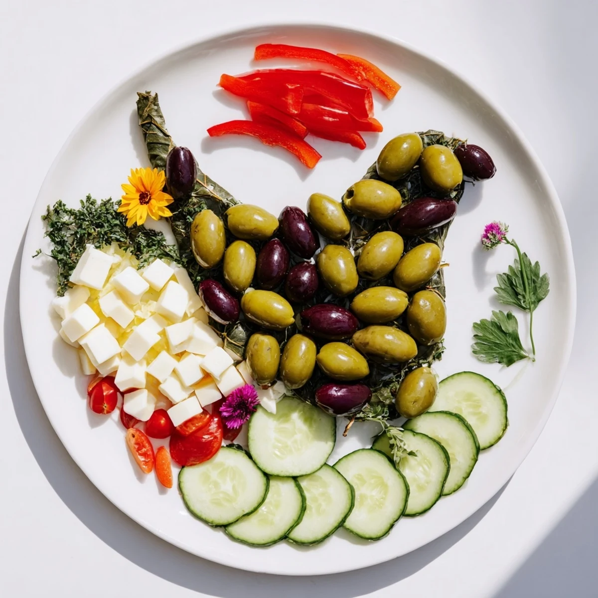 A colorful Colombe de la Paix Olive Platter, arranged with olives, cheeses, and fresh vegetables for a lovely appetizer.