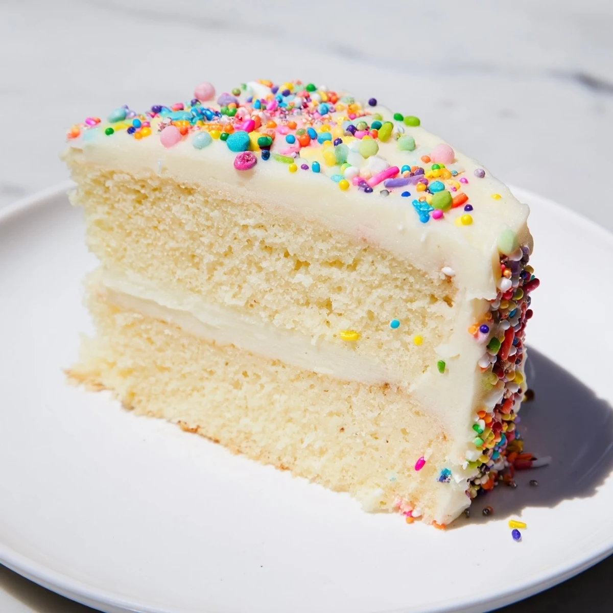 A delicious slice of Happy Birthday Cake, layered with creamy frosting and vibrant sprinkles, ready to serve.