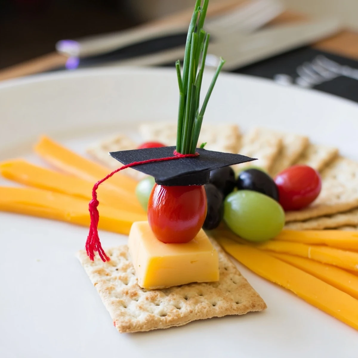 Graduation Cap Platter features a festive assortment of colorful appetizers arranged around a cheese wheel centerpiece.