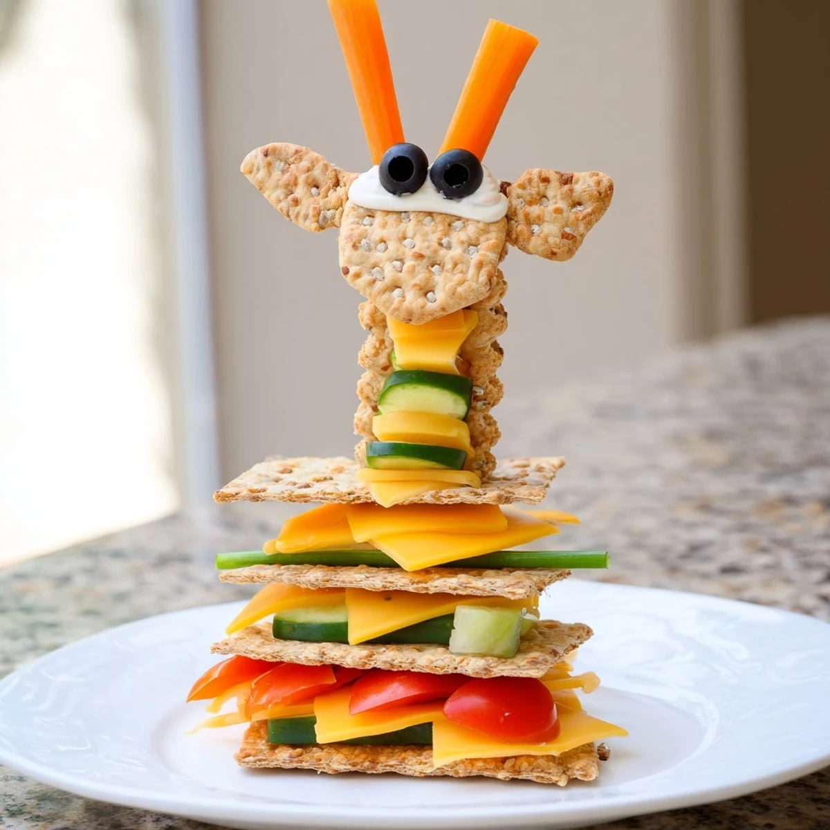 Giraffe Tall Cracker Stacks showcase a whimsical snack tower with layered crackers, cheese, and colorful veggies.