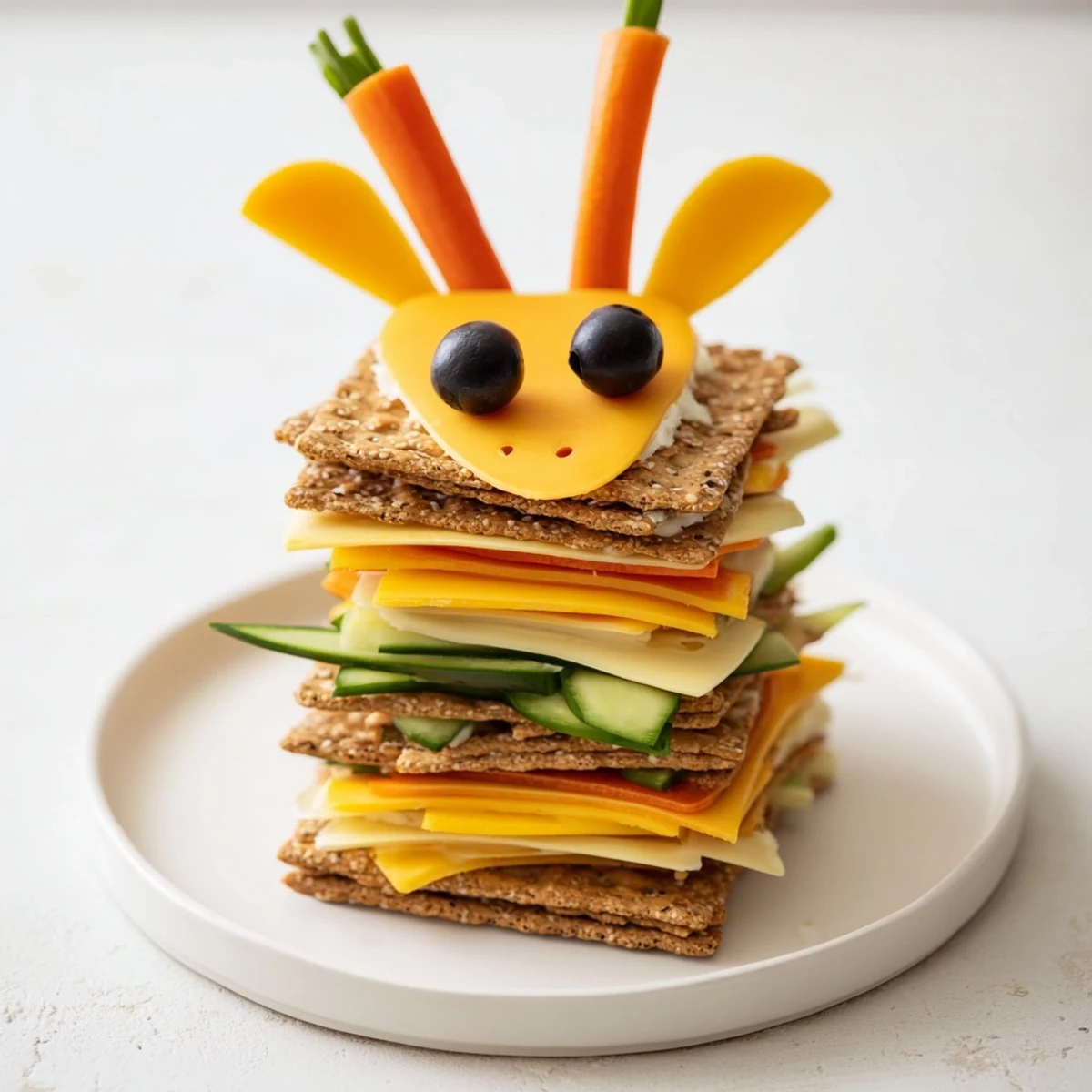 Enjoy this close-up photo of delicious Giraffe Tall Cracker Stacks designed as a fun kid-friendly treat.