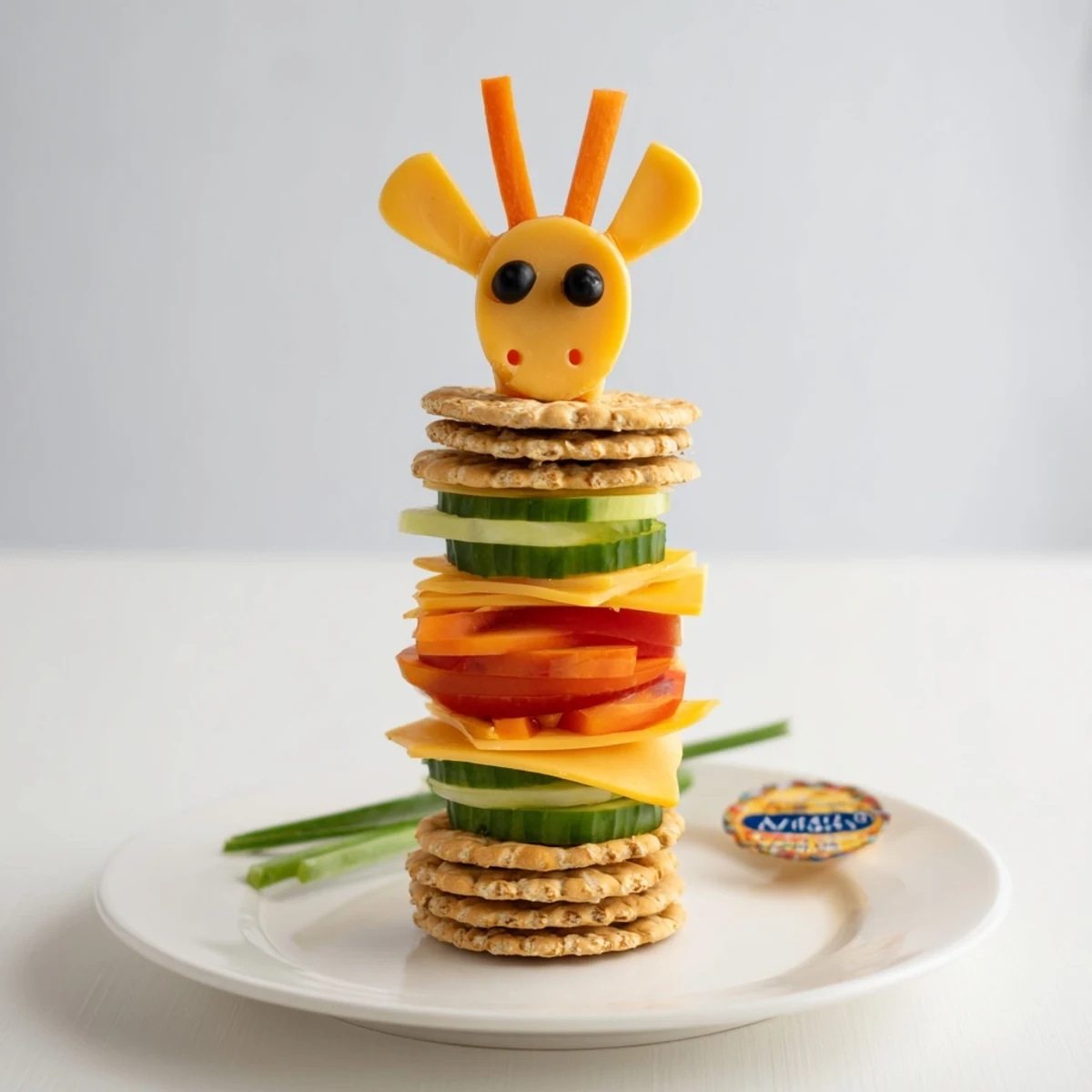 Creative Giraffe Tall Cracker Stacks stacked high with cheese and vegetables are ready for a party.