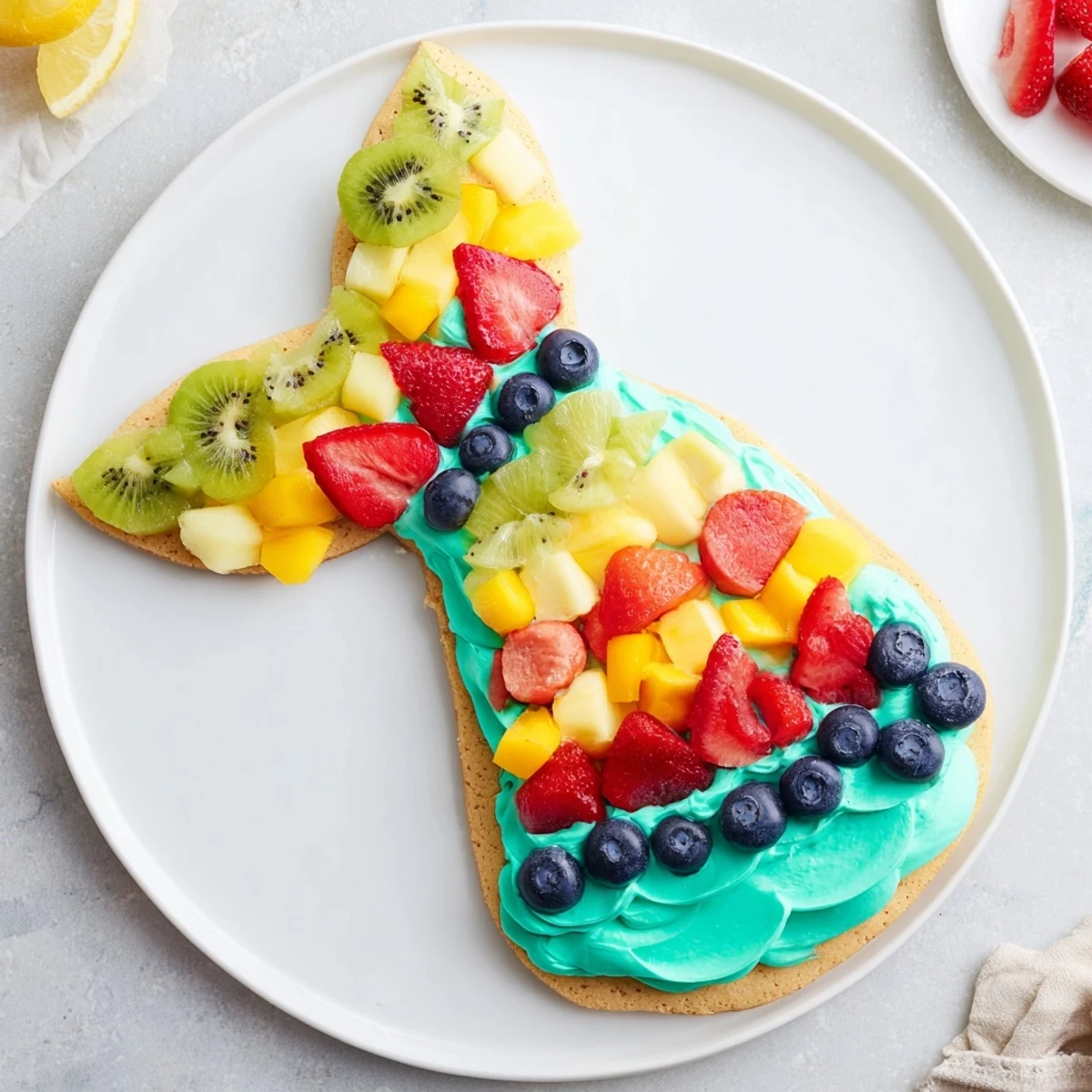 A colorful Under the Sea: Mermaid Tail Fruit Pizza with vibrant fruit artfully arranged.