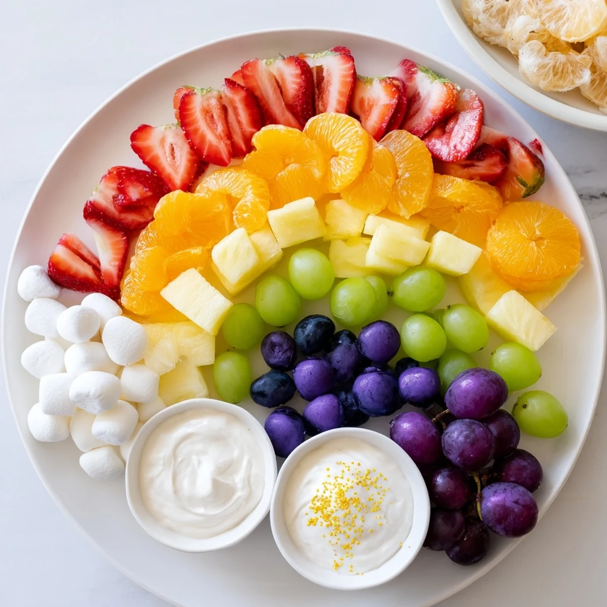 Vibrant Magical Unicorn Rainbow Snack Board displaying colorful fruits, veggies, and dips ready to eat.