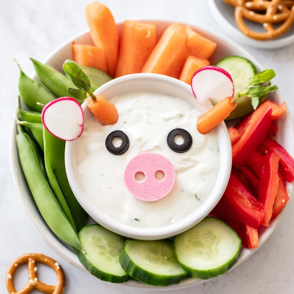 Whimsical piggy face dip with colorful vegetable dippers creating a kid-friendly appetizer.