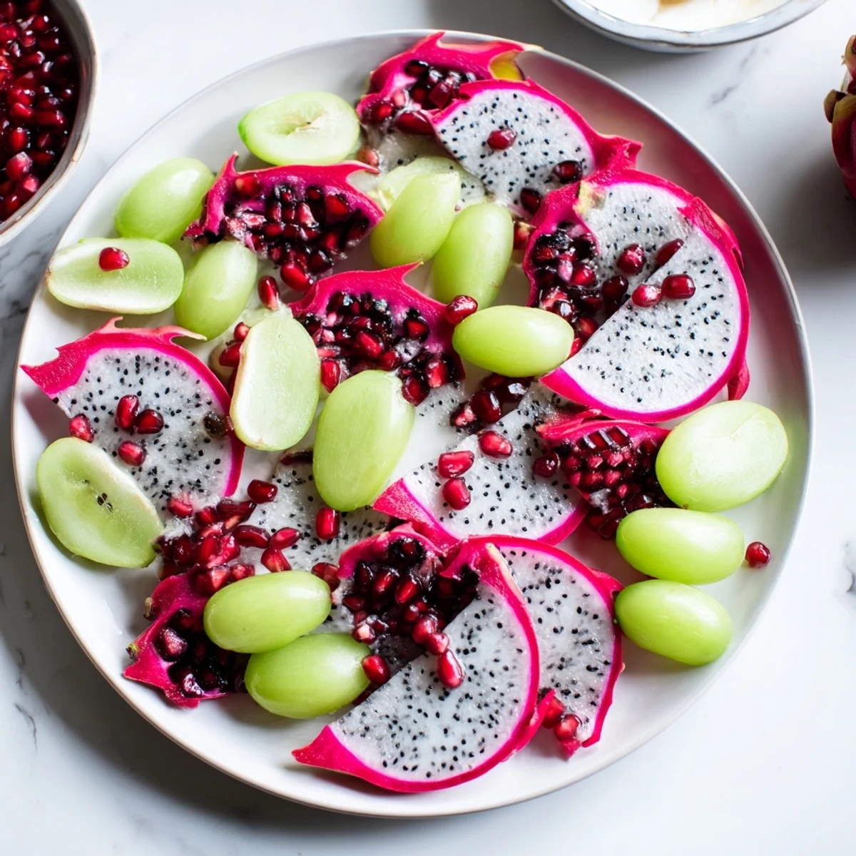 Vibrant Dragon Scales Fruit Board overflowing with sweet, juicy fruits and creamy yogurt-chocolate dips.