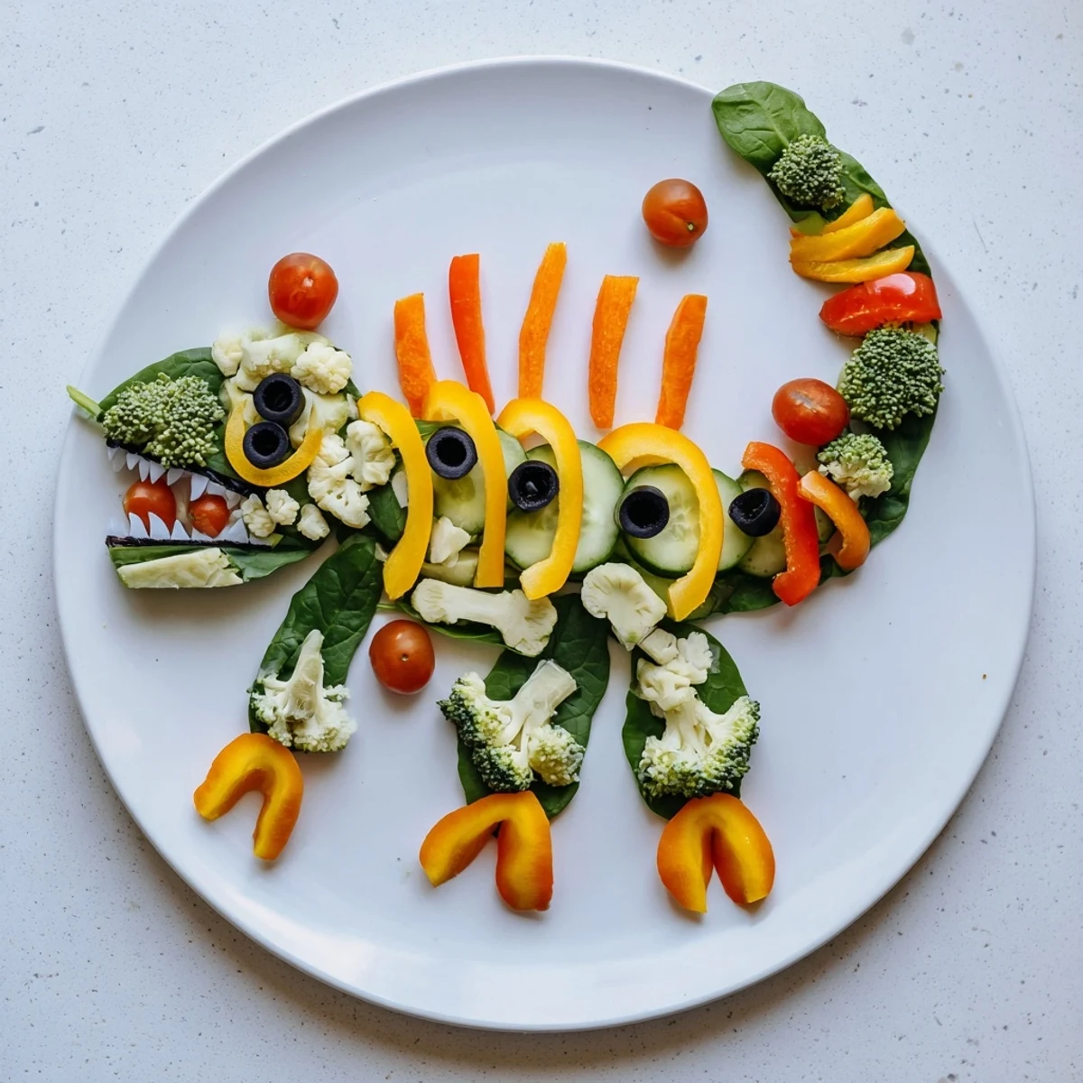 Vibrant T-Rex Fossil Crudités platter arranged with crunchy carrots, peppers, and green vegetables, served with creamy ranch dip.