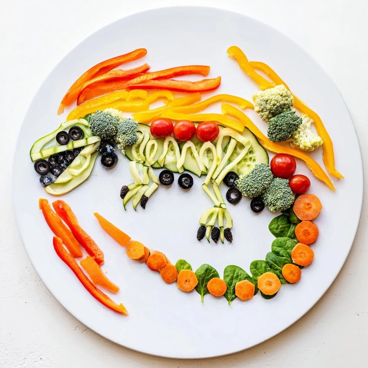 This appealing T-Rex Fossil Crudités features colorful bell pepper "bones" and a creamy dip, perfect for kids.