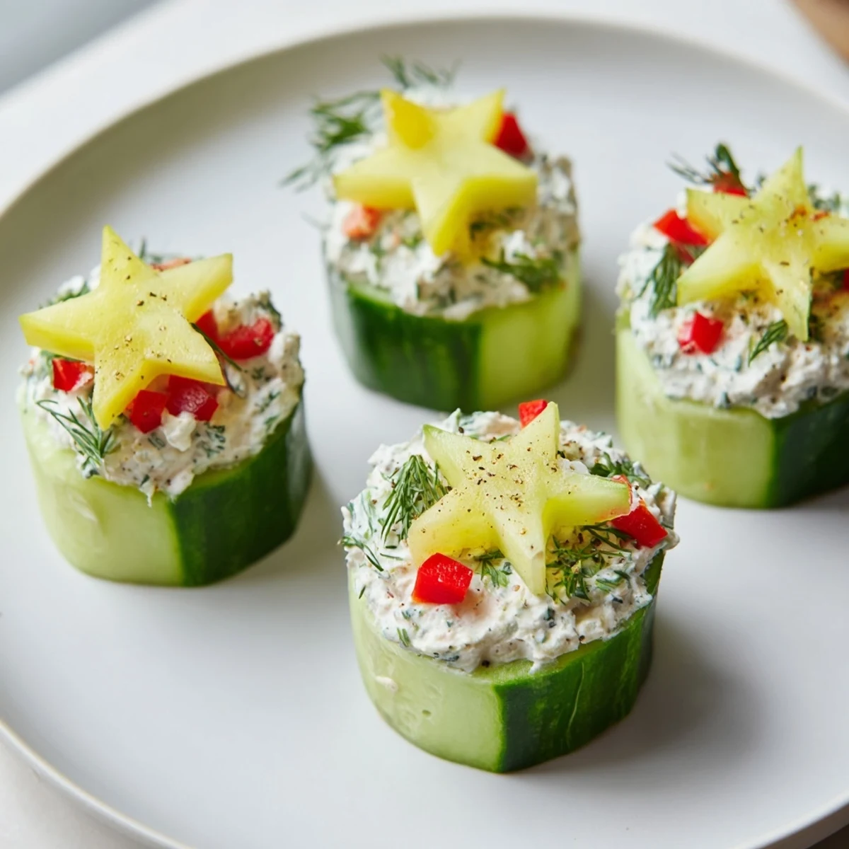Festive Holiday Star Cucumber Bites arranged on a platter with vibrant red, yellow, and green toppers.