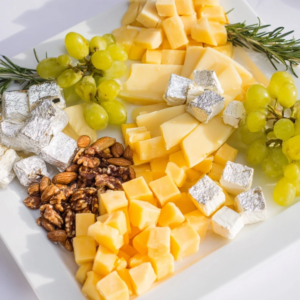 A visually stunning Gold and Silver Cheese Cube Board, featuring Gouda, Manchego, and fresh grapes for serving.