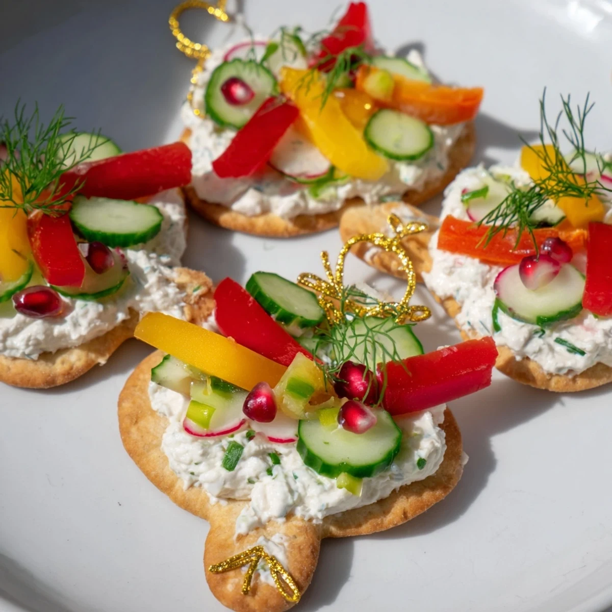 Vibrant Ornament Shaped Cracker Toppings, topped with fresh dill and pomegranate seeds, perfect party food.