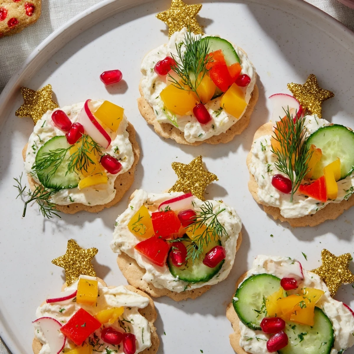 Ornament Shaped Cracker Toppings arranged with colorful bell peppers, making festive holiday appetizers.
