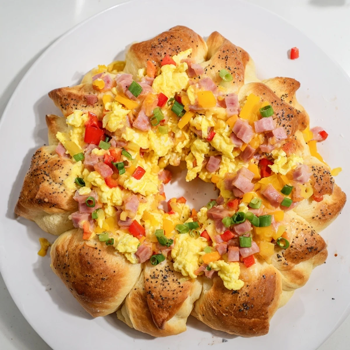 Golden-brown wreath-shaped Egg and Ham Bake, a savory brunch with fluffy eggs and melty cheese.