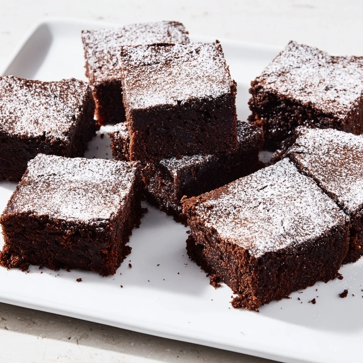 Freshly baked brownie squares, cut and dusted with powdered sugar, a delightful American treat.
