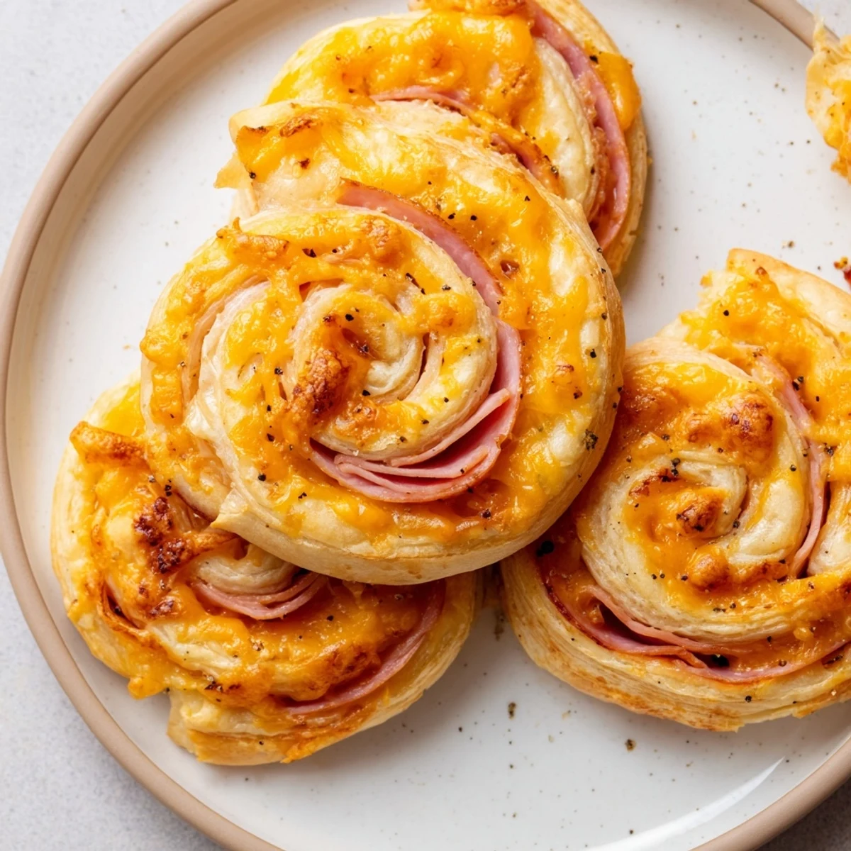 Warm, cheesy Ham and Cheese Pinwheel Rolls with flaky pastry, ideal as an easy party appetizer.