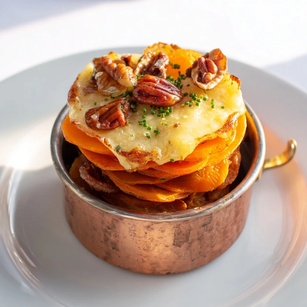 This comforting Copper Penny Warmth features layers of roasted vegetables, apricots, and toasted pecans.