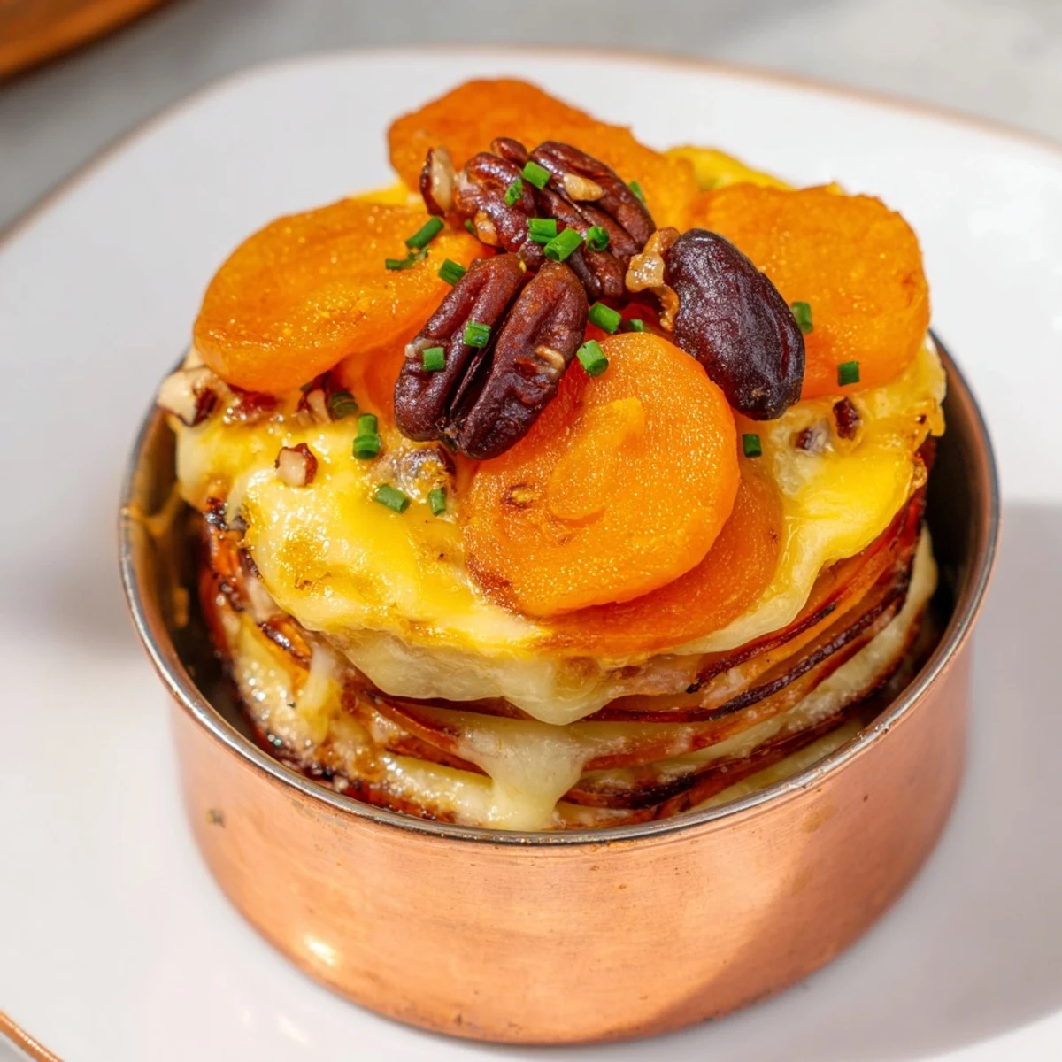 Golden melted cheddar tops warm Copper Penny Warmth with roasted sweet potatoes and carrots.