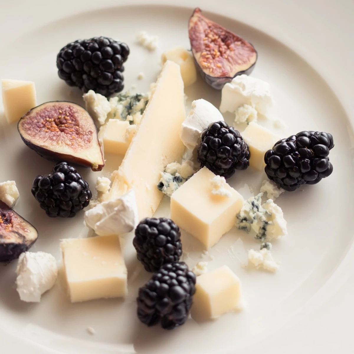 This Deep Indigo Midnight Sky cheese board features blackberries and figs, tempting alongside goat cheese and crackers.