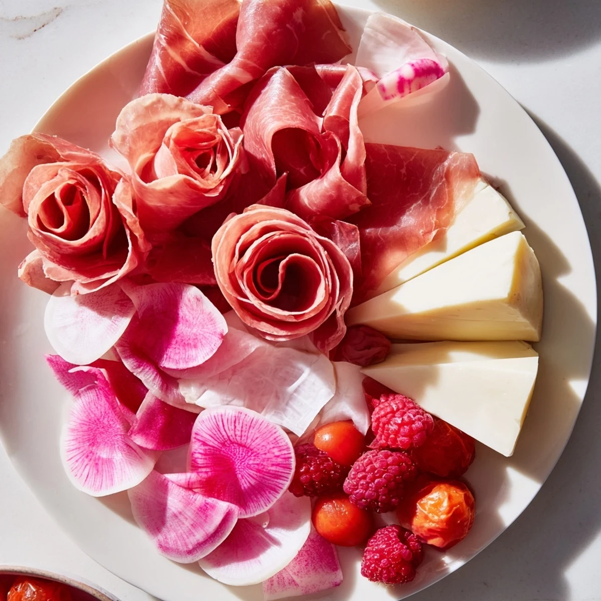 Elegant Pink Petal Watercolor Wash platter with vibrant pink charcuterie, cheeses, and fresh berries.