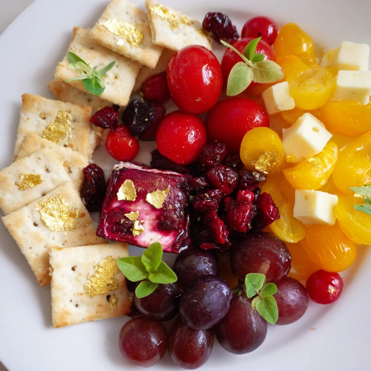 Crimson & Gold Gala appetizer platter: vivid red cherries and cheeses alongside roasted golden peppers.