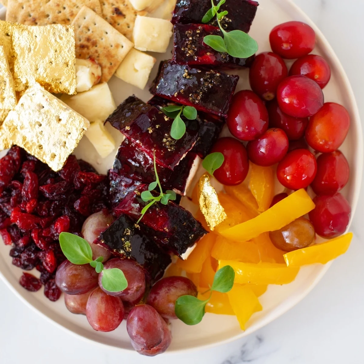 A colorful Crimson & Gold Gala cheese board featuring bright golden crackers, contrasting reds, and fresh garnishes for taste.
