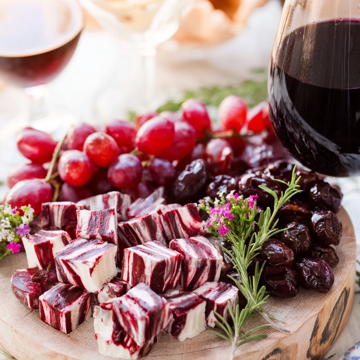 Vibrant Ruby Red Wine Stain Board: a stunning, artful array of cheeses and cured meats.