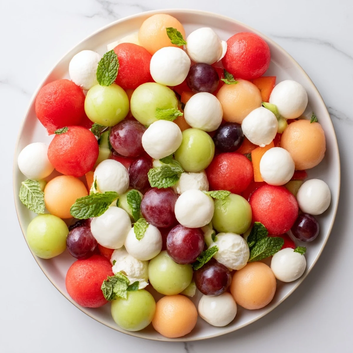 Vibrant Polka Dot Platter appetizer with colorful fruit and cheese spheres, ready for a party.