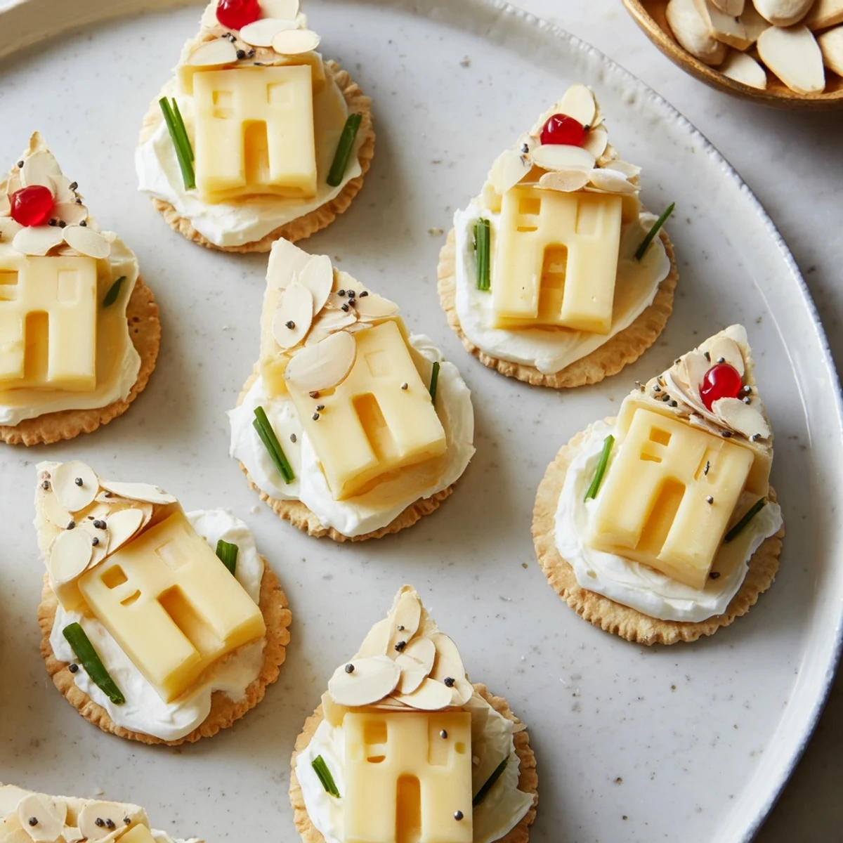 Adorable The Alpine Village appetizers feature miniature cheese houses with almond roofs, atop crackers.