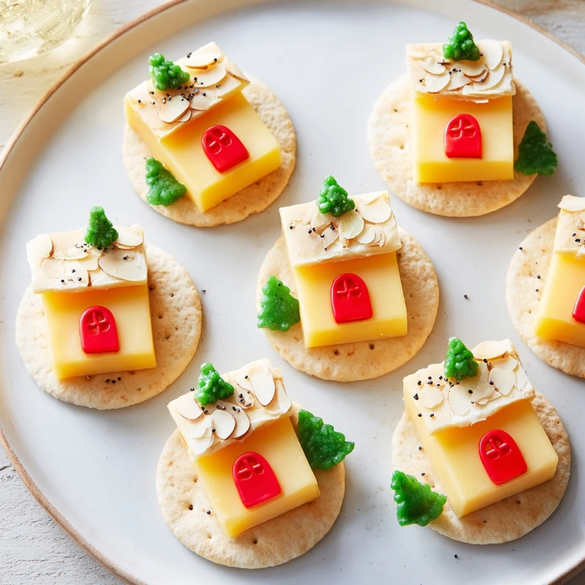 Festive, bite-sized The Alpine Village appetizer: cheese cubes topped with almond roofs on snowy crackers.
