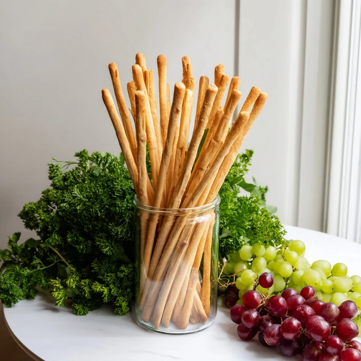 Appetizing "Vertical Forest" appetizer: breadsticks stand tall amidst parsley and colorful grape clusters.