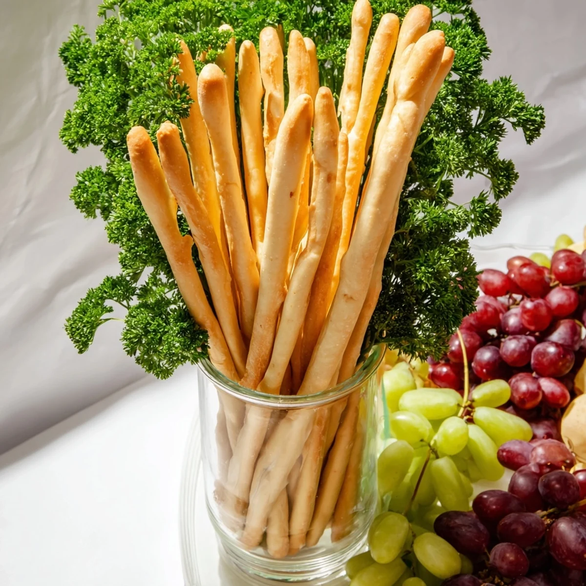 Impressive "Vertical Forest" arrangement: clear jars displaying breadsticks, surrounded with grapes and parsley.