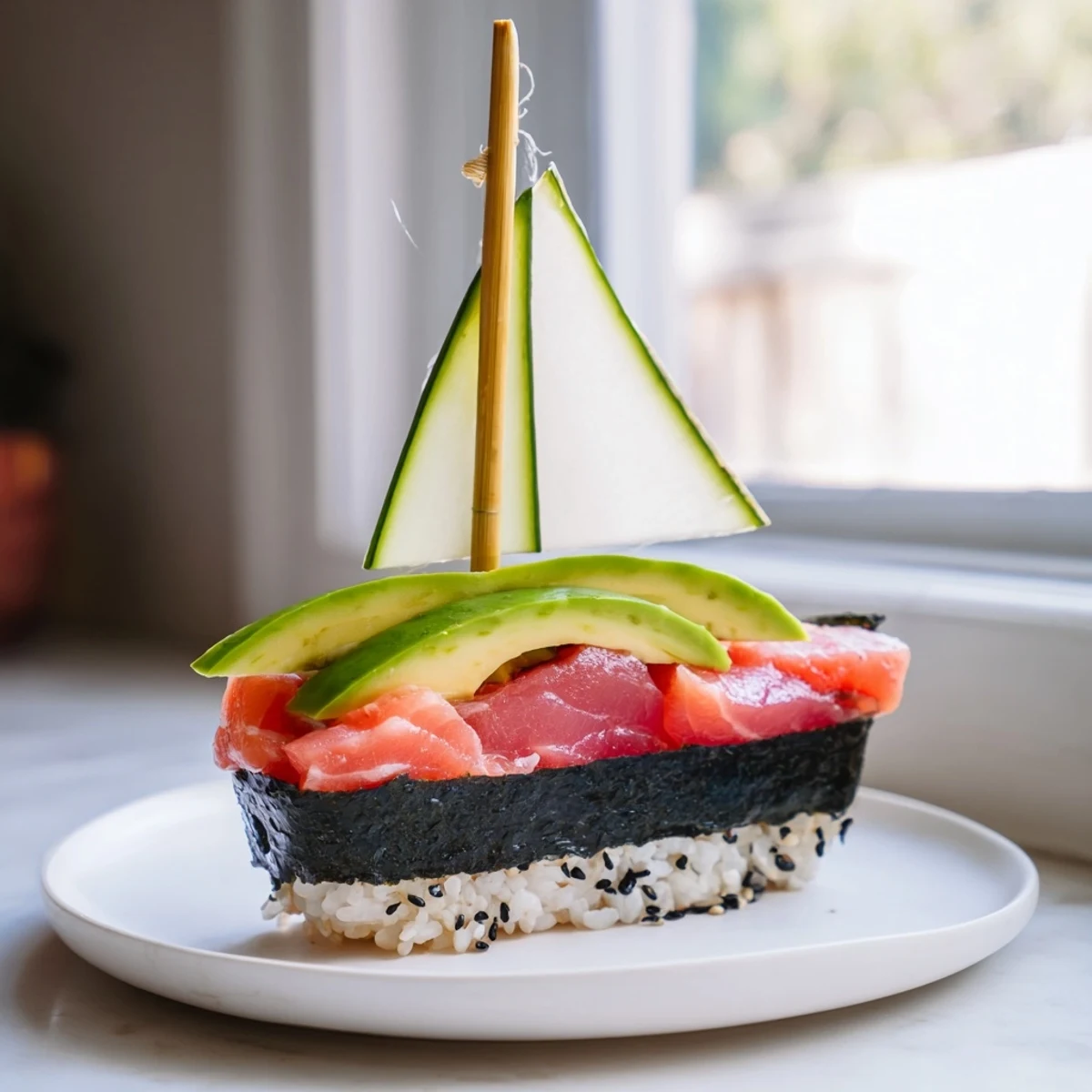 Close-up of colorful Sushi Sailboats at Sea featuring fresh seafood atop vinegared rice.