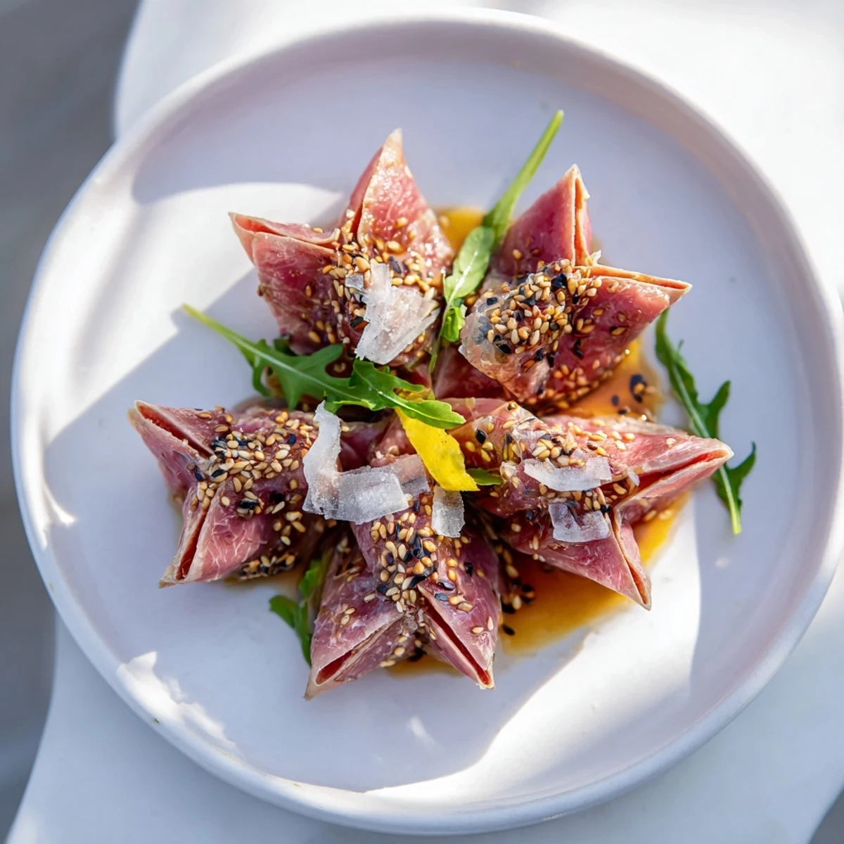 Elegant Origami Fold Beef Appetizer, showcasing intricate folds with vibrant, flavorful garnishes on a platter.