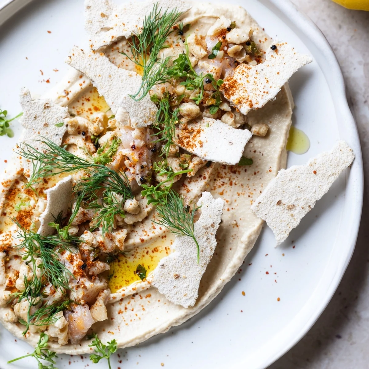 The Driftwood Beach appetizer with flaky smoked fish, creamy hummus, and rustic crackers beautifully arranged.