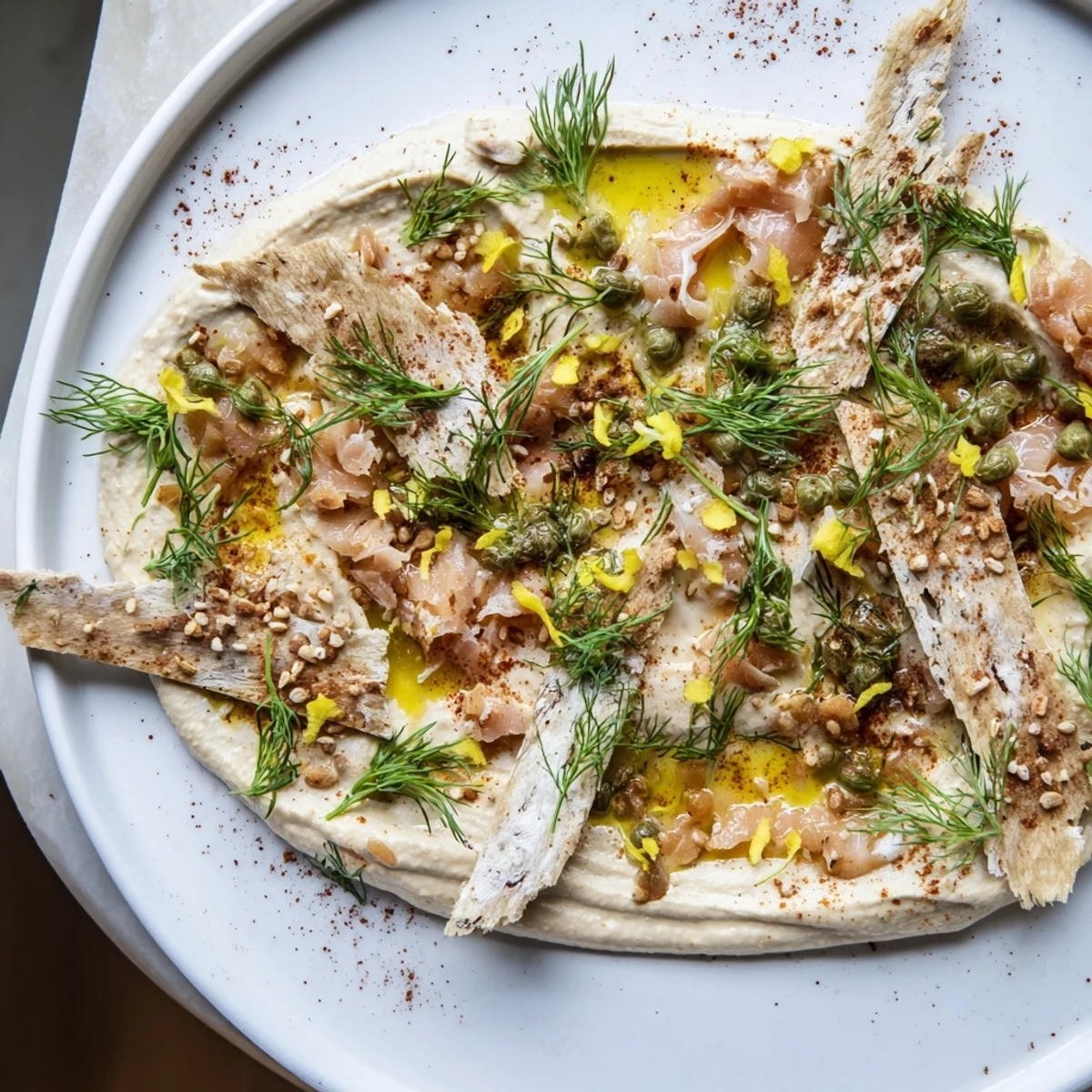 A close-up of The Driftwood Beach dish: smoked fish on hummus with crackers, garnished with lemon and dill.