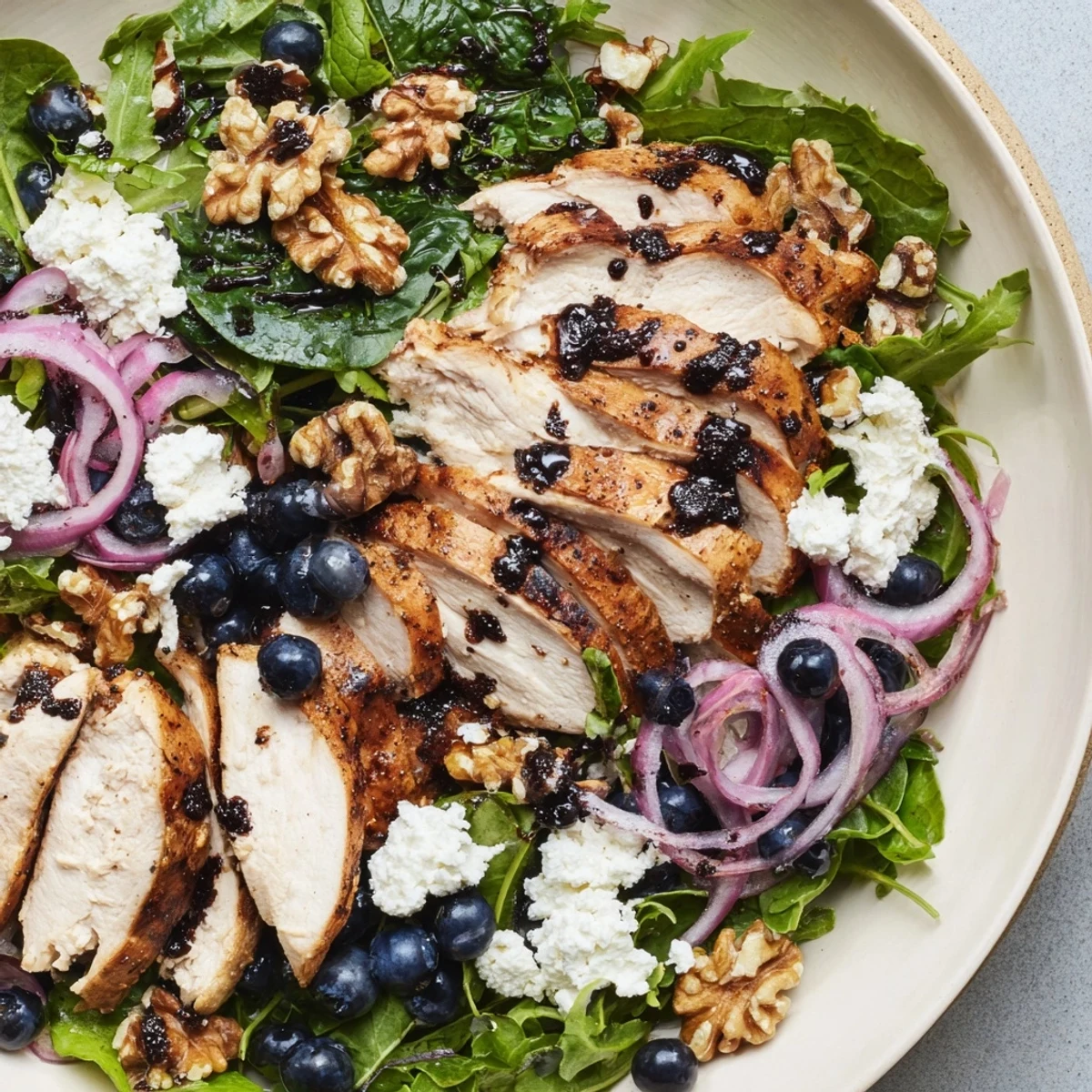 A beautiful photo of savory Blueberry Goat Cheese Chicken Salad, ready for a light, delicious meal.