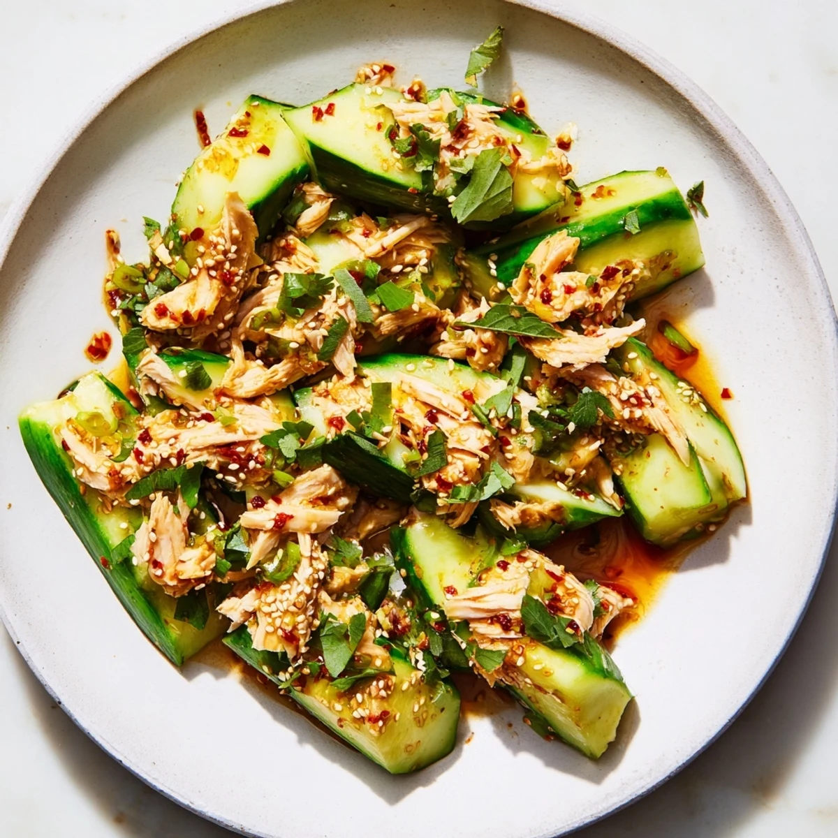 Whole Cucumber Logan Salad with shredded chicken, a vibrant and flavorful Asian-inspired meal.