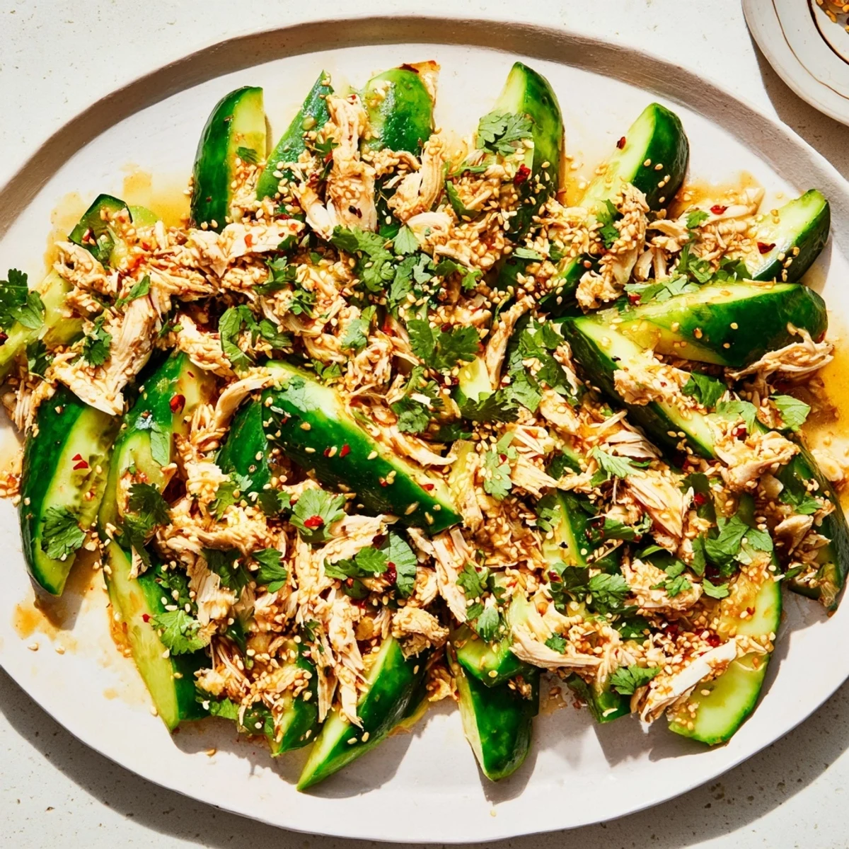 This Whole Cucumber Logan Salad features smashed cucumbers, rotisserie chicken, and an umami dressing.