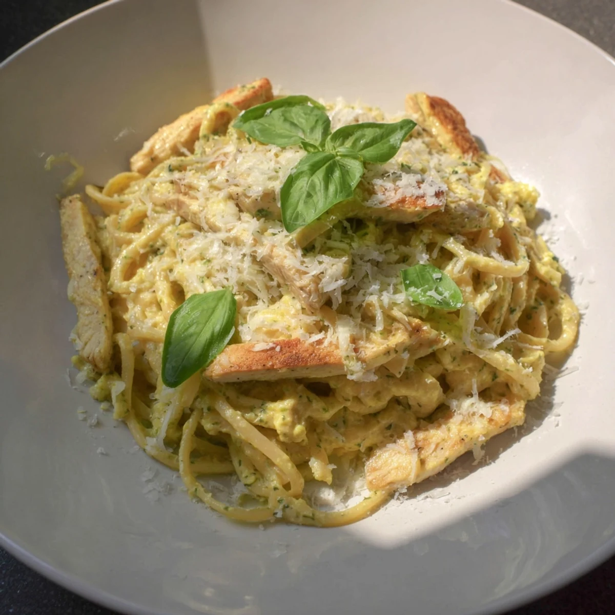 A satisfying plate of Pesto Egg and Chicken Pasta with tender chicken, ready to enjoy at breakfast or dinner.
