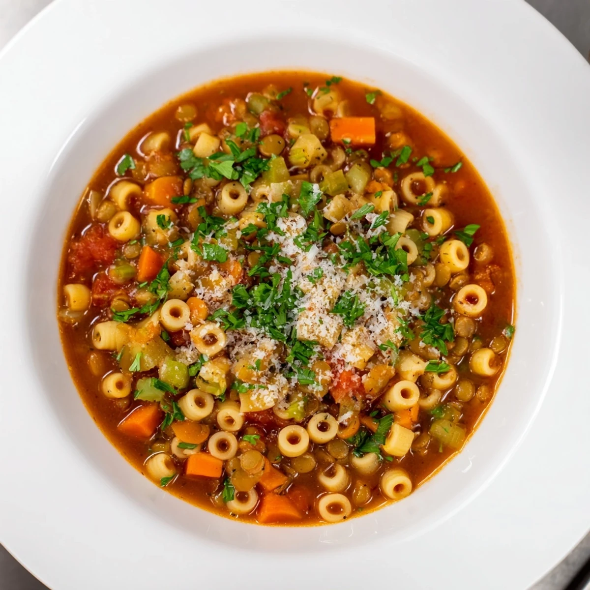 Steaming bowl of Ditalini and Lentil Soup, a hearty, warm Italian classic, ready to serve.