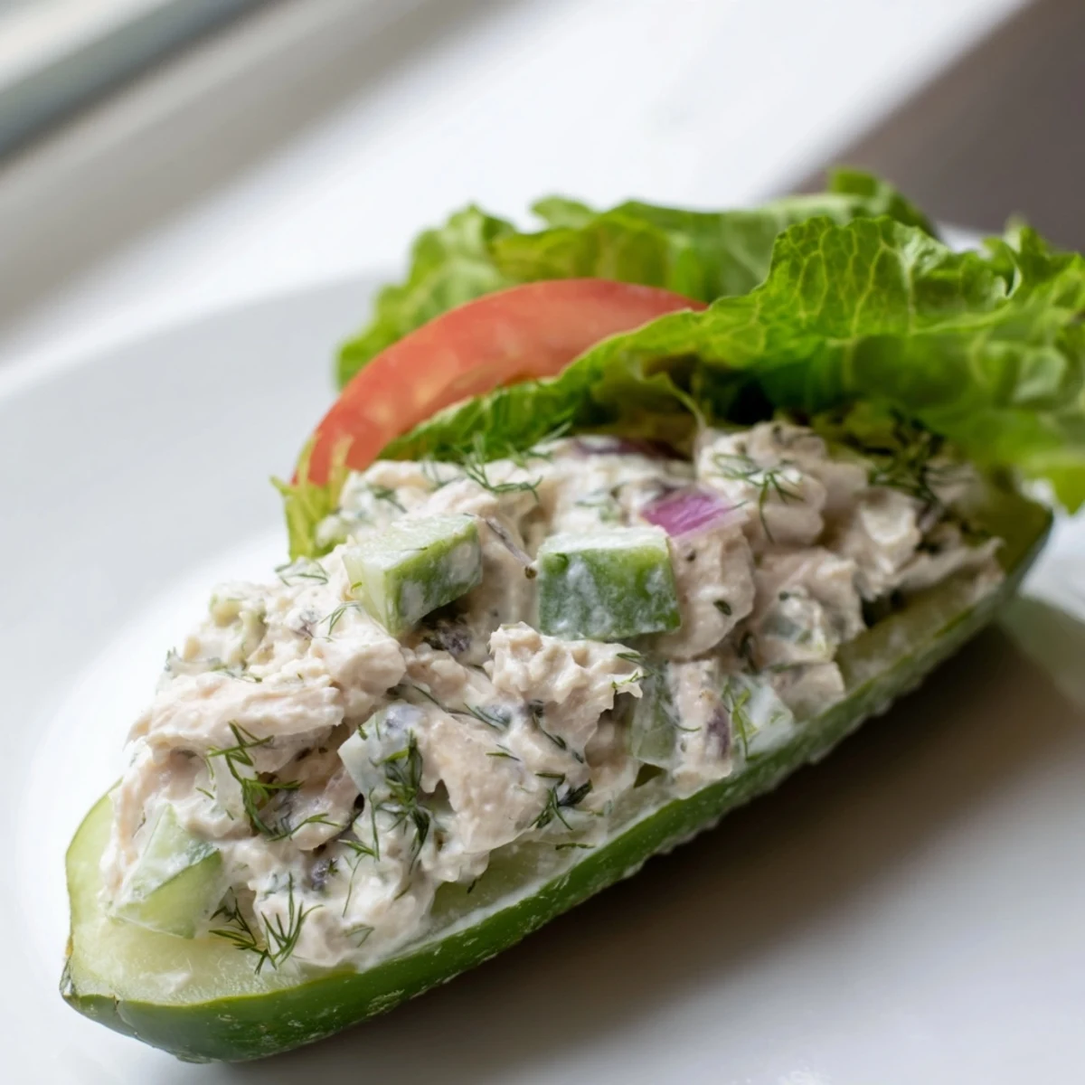 Crisp pickle sandwich with chicken salad, a refreshing low-carb main dish, ready to enjoy.