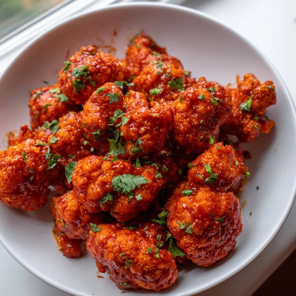 Golden Sriracha-Buffalo Cauliflower Bites, crispy and glistening, ready for dipping with cool ranch.