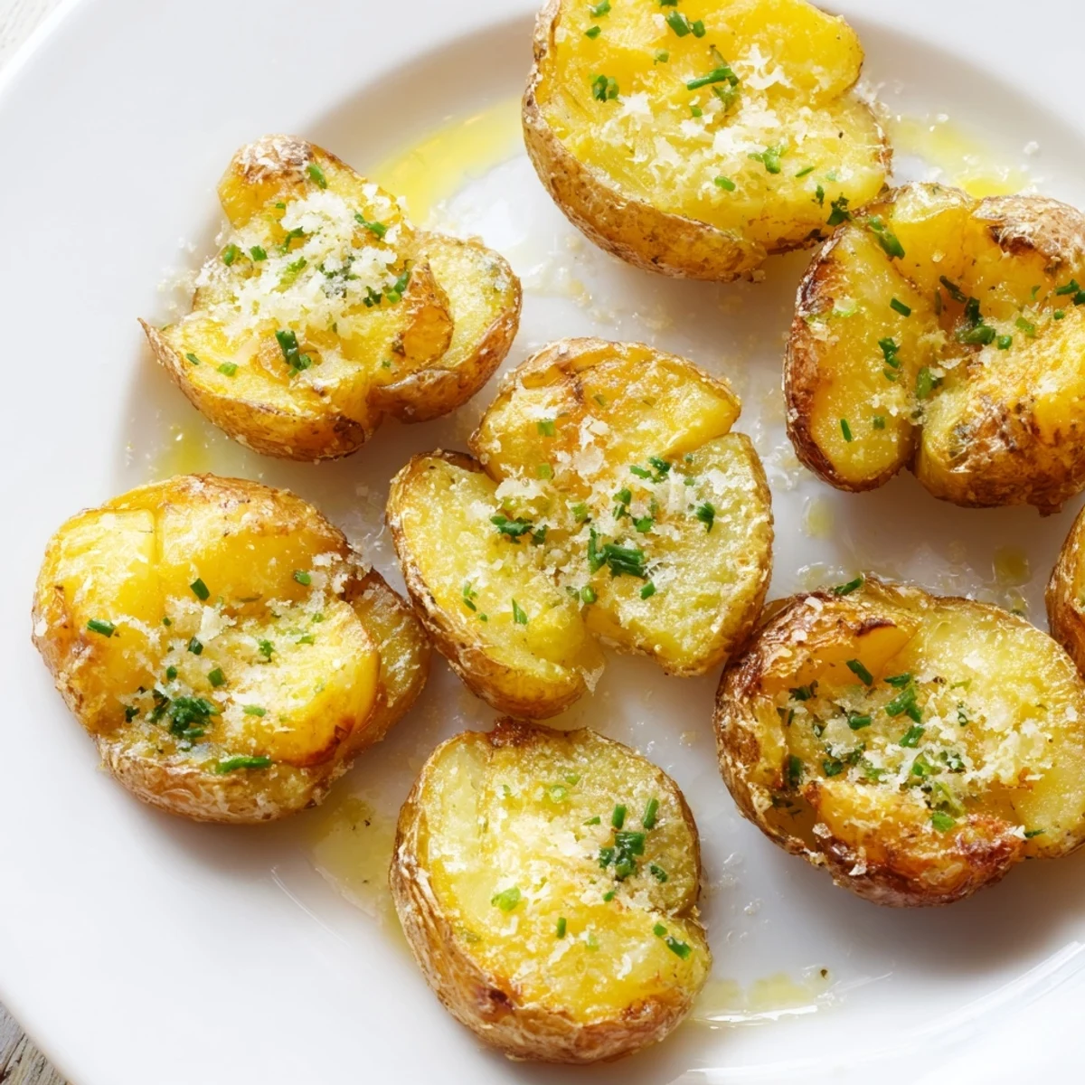 Savory and delicious: a plateful of Parmesan smashed potatoes, garnished with fresh parsley.