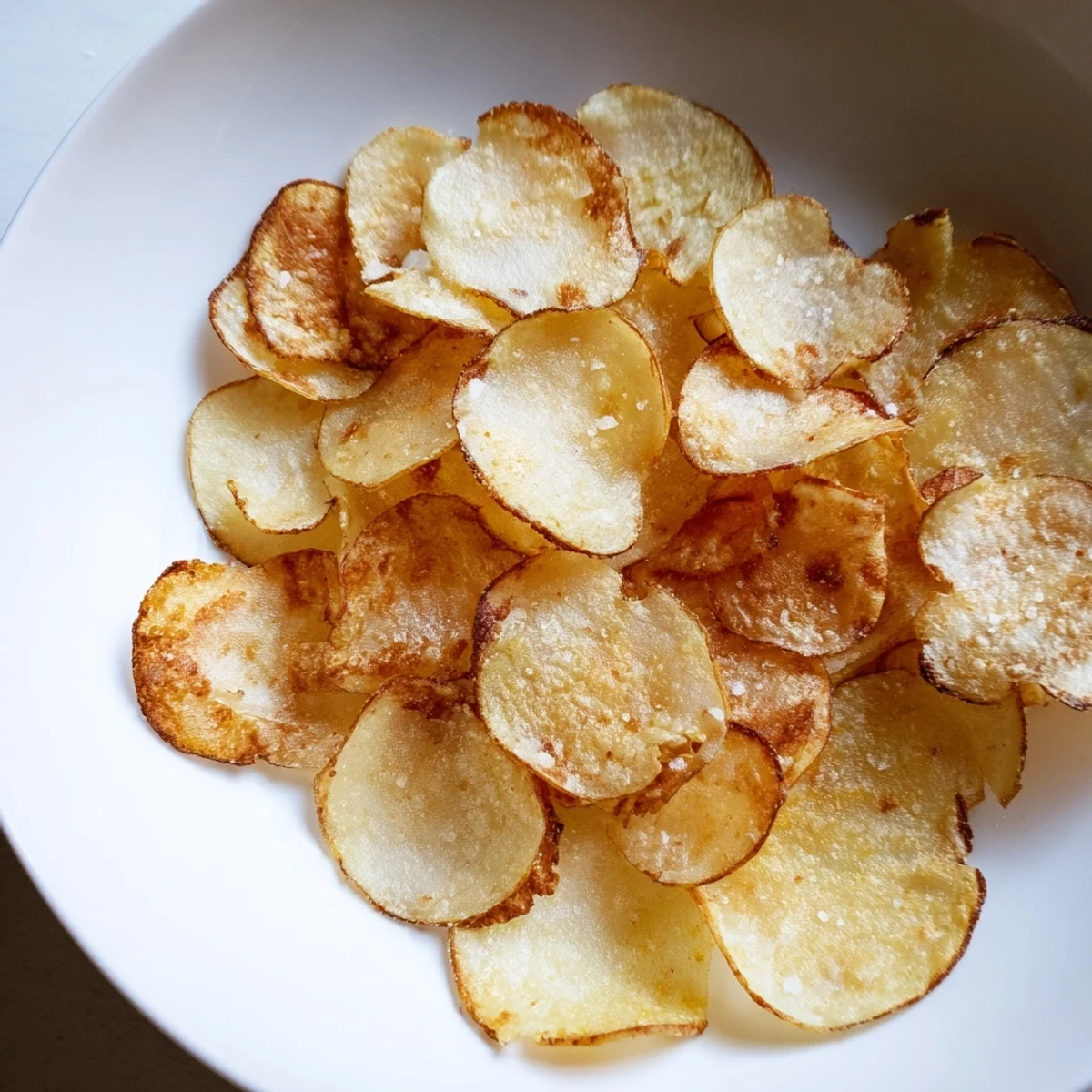A close-up of perfectly seasoned air-fryer potato chips, offering a light crunch for a savory treat.