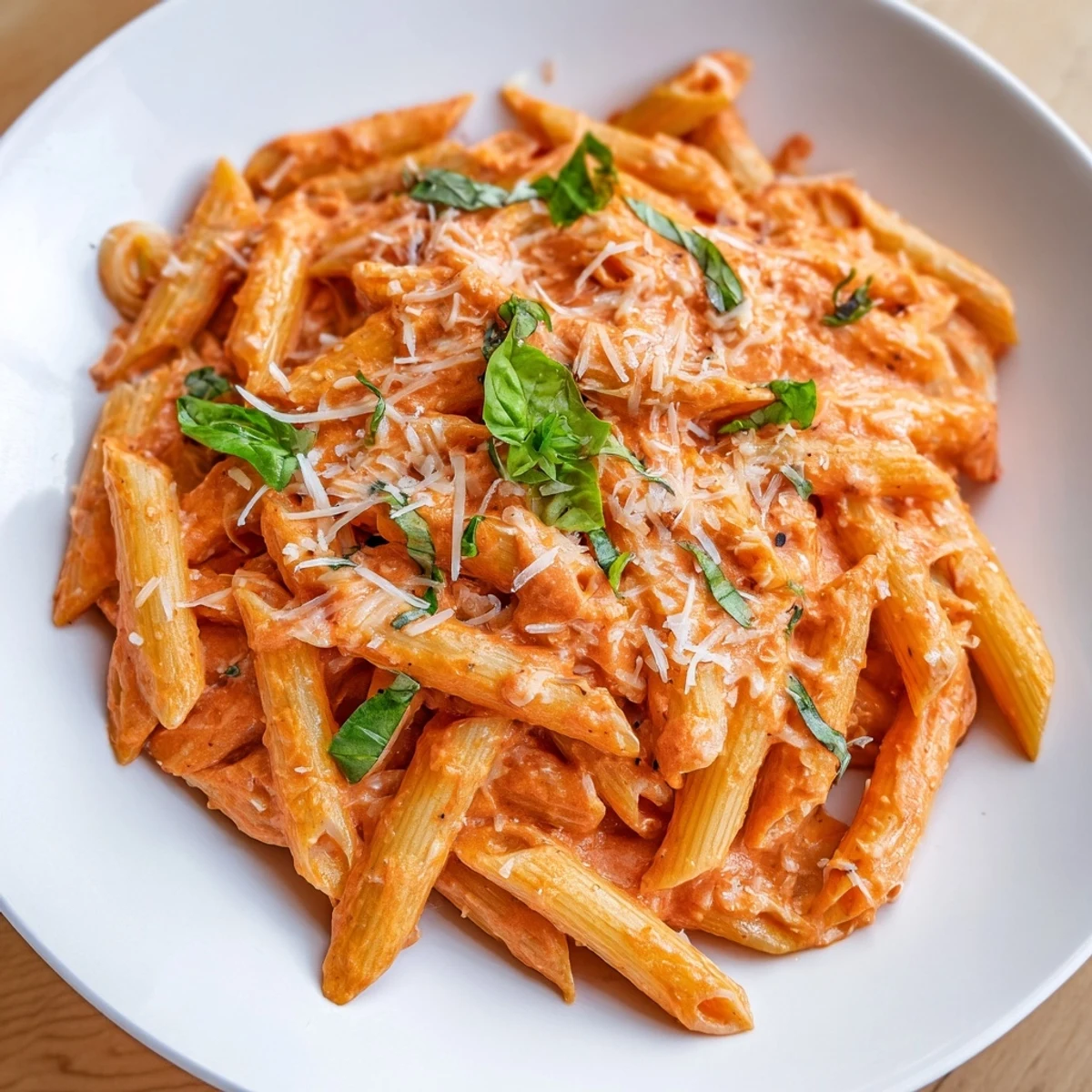 Close-up of the creamy Basil Garlic One-Pot Creamy Tomato Pasta, rich with tomato sauce.