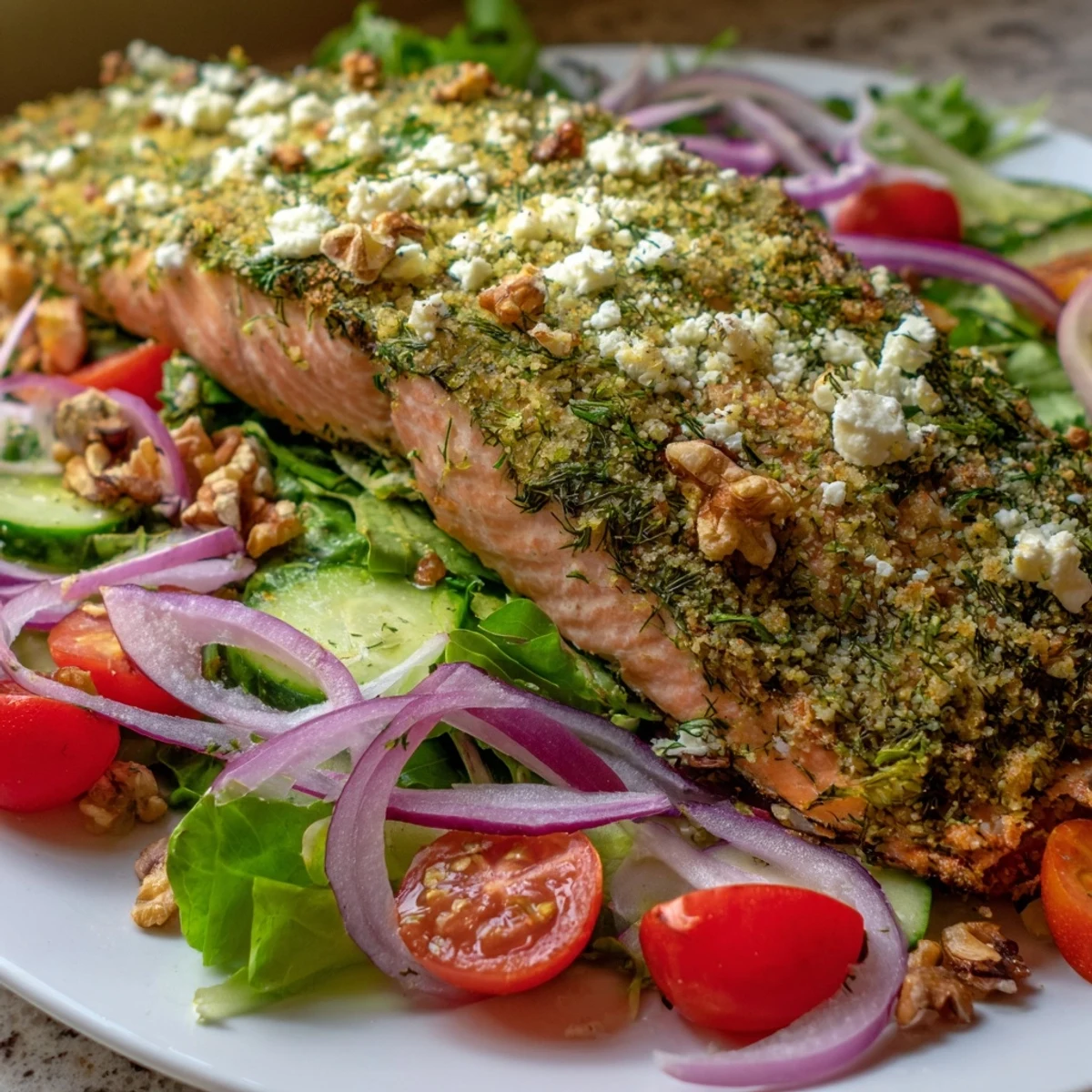 Imagine a plate of flavorful herb-crusted salmon salad with vibrant green mixed salad ready.